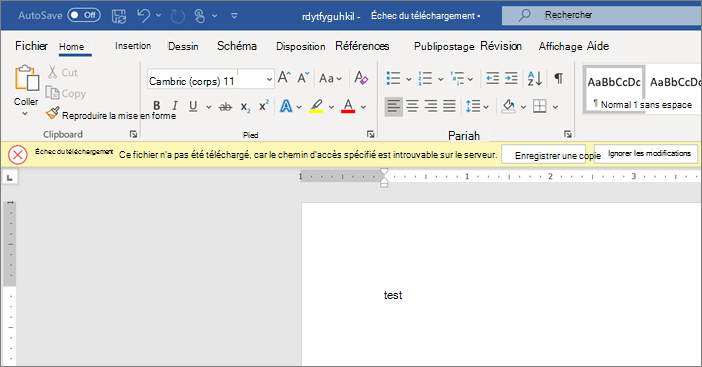 Capture d’écran Télécharger’erreur « Échec » lors de la modification d’un document dans Word