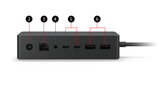 Dessin d’une station d’accueil Surface 2 avec les principales fonctionnalités numérotées de 2 à 6 pour correspondre à la légende sous l'image.