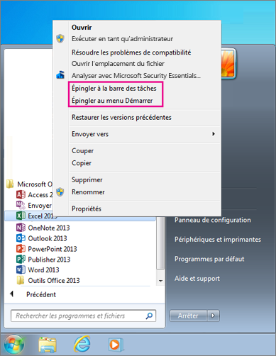 Pin Office app to Start menu or taskbar in Windows 7