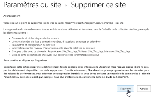 Écran d’avertissement et de confirmation de suppression du site