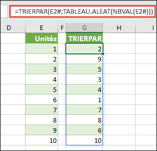 Vous pouvez utiliser TRIERPAR avec les fonctions TABLEAU.ALEAT et NBVAL. Dans ce cas, E2# fait référence à la plage entière commençant dans la cellule E2 et renseignée à l’aide de =SEQUENCE(10). Le signe # est appelé opérateur de plage dispersée.
