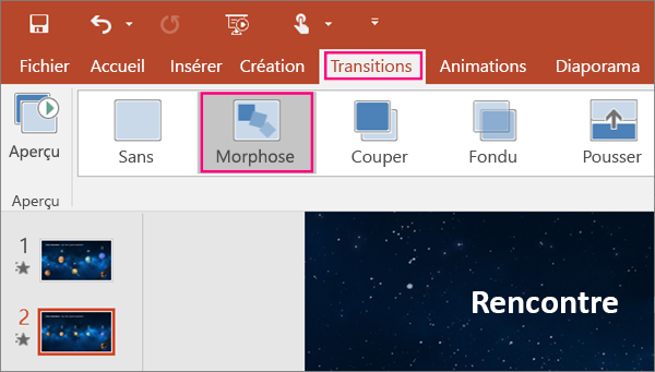 Transition Morph dans le menu Transitions de PowerPoint 2016