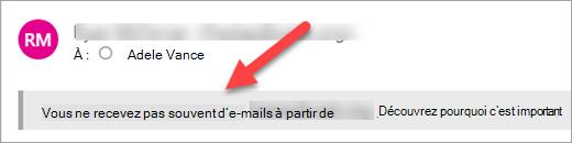 Une étiquette de sécurité sur un message électronique indiquant que vous ne recevez pas souvent d’e-mail de cet expéditeur.