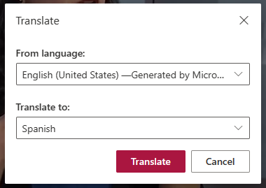 Interface utilisateur affichant une boîte de dialogue avec un bouton Traduire