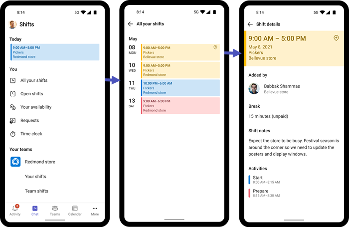 Capture d’écran des équipes de travail sur un appareil mobile montrant le shift à un autre emplacement