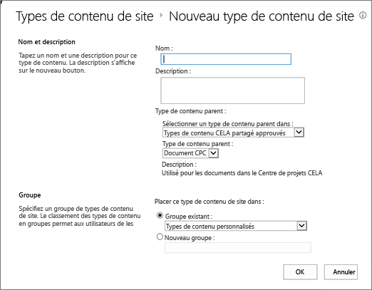 Boîte de dialogue création des types de contenu