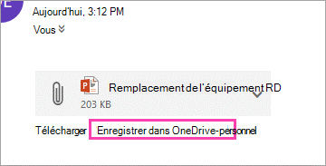 Lien de téléchargement pour l’enregistrement d’une pièce jointe dans OneDrive.