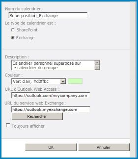 Capture d’écran de la boîte de dialogue superposition de calendriers dans SharePoint La boîte de dialogue affiche le nom du calendrier, le type de calendrier (Exchange) et fournit les URL d’Outlook Web Access et d’Exchange Web Access.