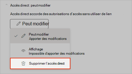 Capture d’écran de OneNote montrant comment supprimer l’accès au partage direct