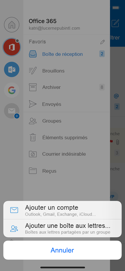 Ajoutez une boîte aux lettres partagée dans Outlook Mobile.
