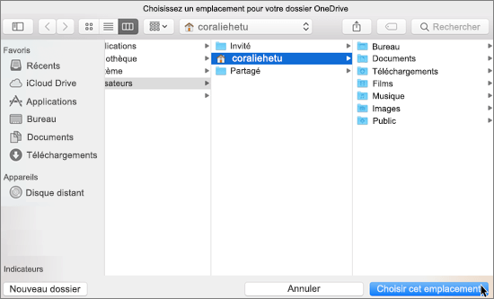 Capture d’écran montrant la sélection d’un emplacement de dossier dans l’Assistant Bienvenue dans OneDrive sur Mac