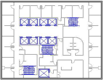 "Floor plan showing offices, stairwells, elevators"