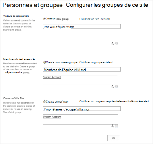 Boîte de dialogue Configurer des groupes pour le site