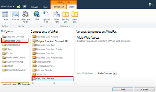 Ajout d’un composant WebPart Visio Web Access à un site SharePoint