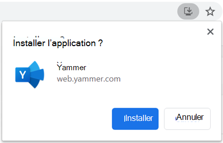 Capture d’écran montrant la boîte de dialogue d’installation PWA Yammer l’application sur Chromium navigateurs basés sur un navigateur