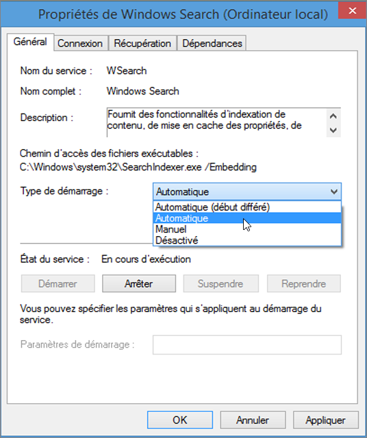 Capture d’écran de la boîte de dialogue Propriétés de recherche Windows montrant le paramètre Automatique sélectionné pour Type de démarrage.