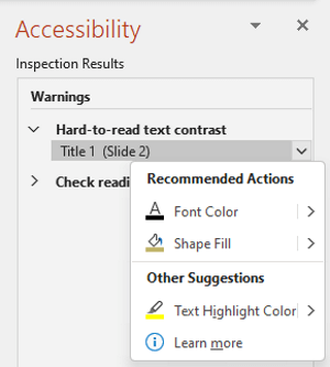 Volet Accessibilité dans PowerPoint pour Windows affichant des exemples d’avertissements et d’erreurs d’accessibilité avec la liste actions recommandées développée.