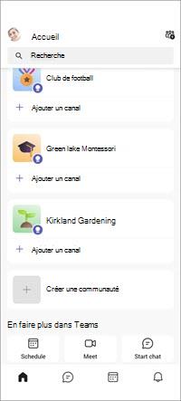 Écran mobile des communautés gratuites Teams