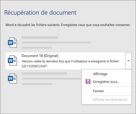 Le dernier document original enregistré par l’utilisateur est répertorié dans le volet Récupération de document
