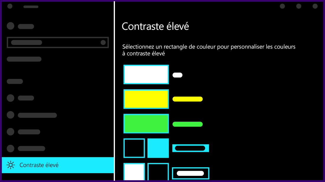 Illustration de ce à quoi ressemblent les paramètres de contraste élevé dans Windows 10.