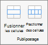 Capture d’écran montrant le groupe Fusionner disponible sous l’onglet Disposition du tableau, avec les options Fusionner les cellules et Fractionner les cellules.