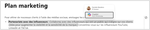 Capture d’écran montrant le texte généré par Copilot, y compris le moment où le contenu a été ajouté