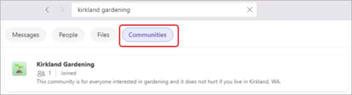 Image montrant mot clé tapées dans la barre de recherche avec le filtre Communautés mis en surbrillance.