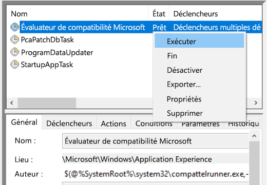 Exécution de l’évaluateur de compatibilité Microsoft dans le planificateur de tâches.