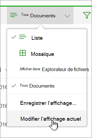 Menu Options d’affichage avec l’option Modifier l’affichage actuel mise en surbrillance