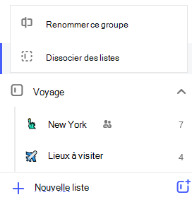 Capture d’écran du groupe liste de voyages et du menu Edition ouvrir avec option pour renommer le groupe et dissocier des listes