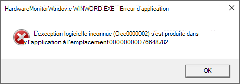 Erreur : HardwareMonitorWindow:WINWORD. EXE - Erreur d’application