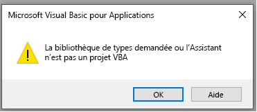 Capture d’écran de l’erreur dans la fenêtre Microsoft Visual Basic pour Applications
