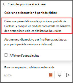 Capture d’écran du menu d’invite Copilot pour Microsoft 365 dans PowerPoint avec l’option « Créer une présentation sur » mise en évidence