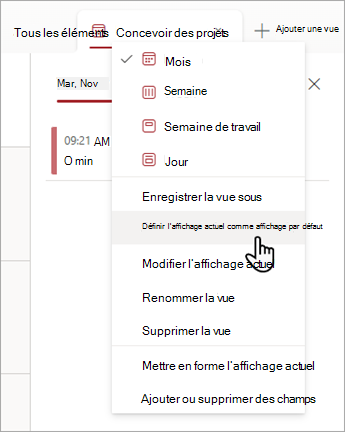 Capture d’écran montrant comment choisir la commande Définir l’affichage actuel comme commande par défaut dans Listes.