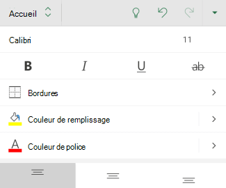 Options de mise en forme de police dans Excel pour Android.