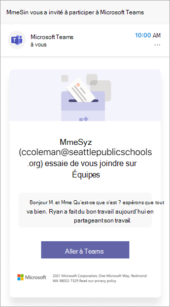 Capture d’écran mobile de l’invitation de l’enseignant à rejoindre la conversation sur Teams.