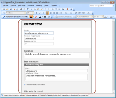 Exemple de formulaire de rapport d’état dans Office InfoPath 2007