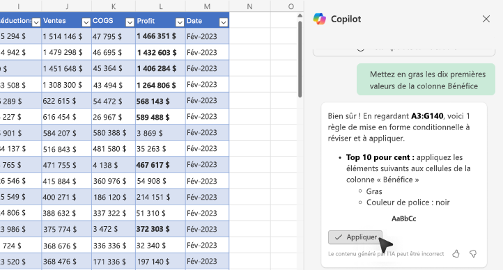 Capture d’écran montrant comment mettre en gras des valeurs à l’aide de Copilot dans Excel.