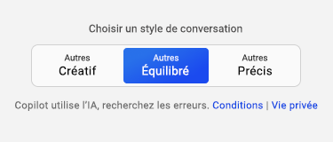 Capture d’écran des tonalités de conversation pour Copilot dans Windows avec le ton « Plus équilibré » sélectionné.