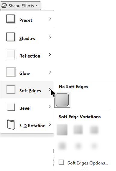 Dans le menu Effets de forme, vous avez le choix entre plusieurs options Soft Edges.
