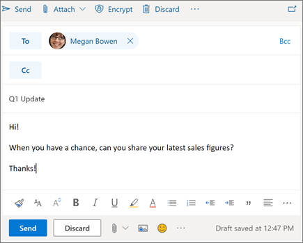 Composer un nouveau message électronique dans Outlook sur le Web