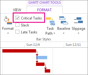 Case à cocher Tâches critiques dans le ruban et les barres mises en évidence du diagramme de Gantt dans Project 2013