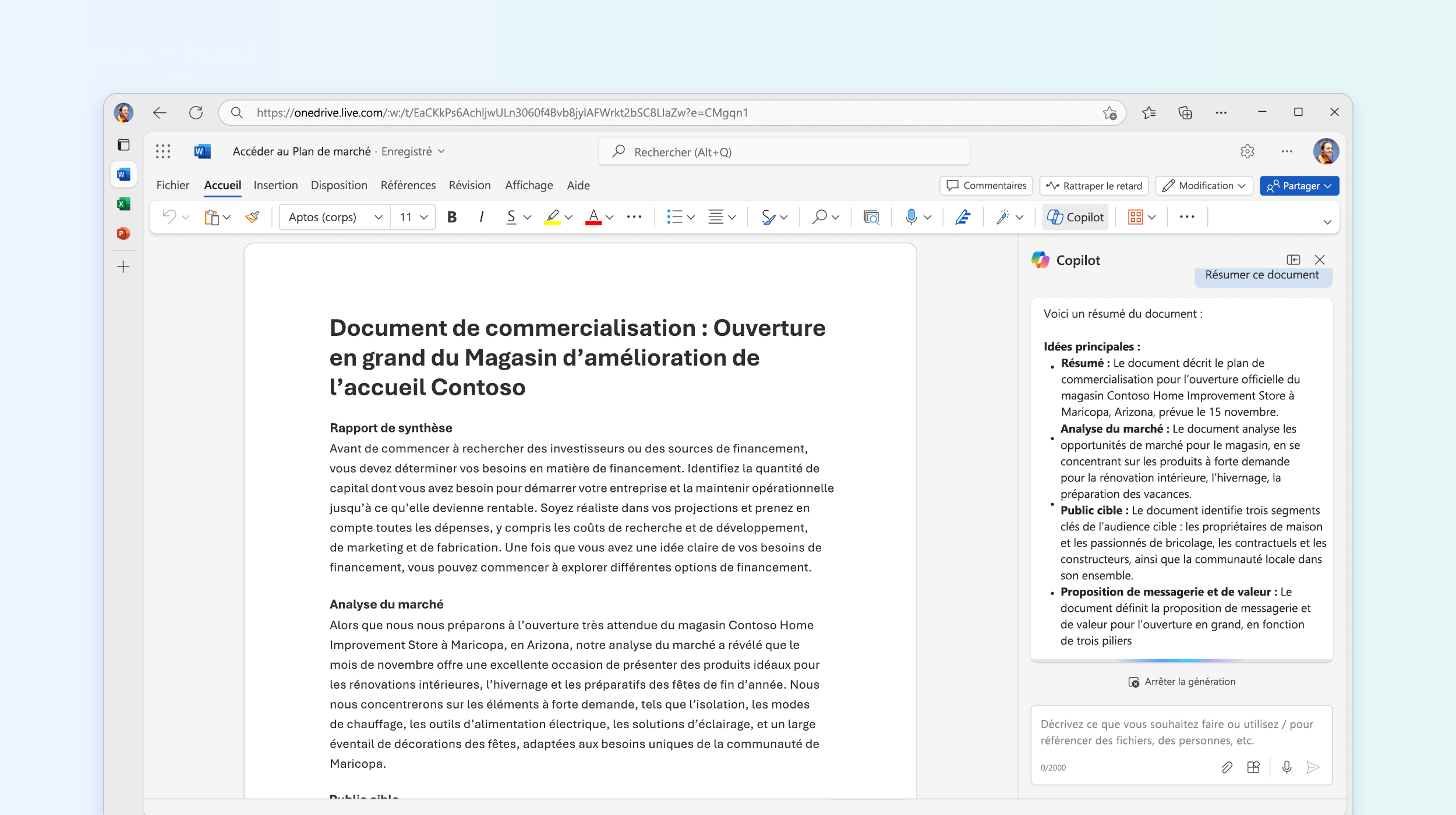 La capture d'écran montre Copilot dans Word résumant le document.