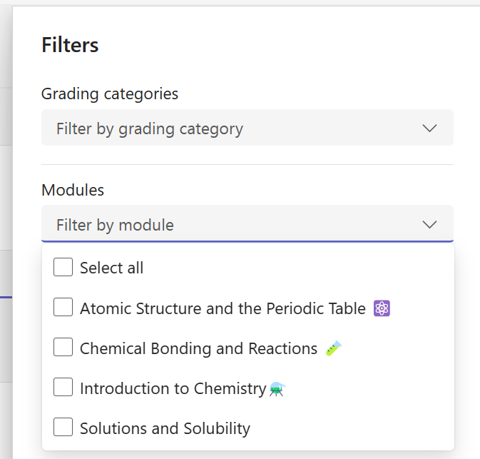 Afficher le filtre modules développés dans la liste des affectations