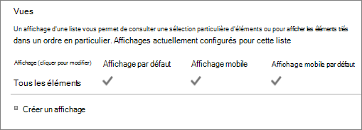 Section d’affichage de liste dans les paramètres de liste