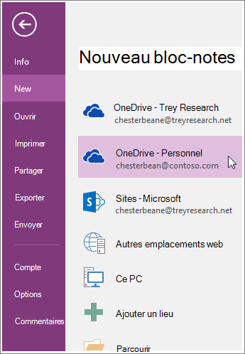 Capture d’écran montrant comment créer un bloc-notes OneNote.