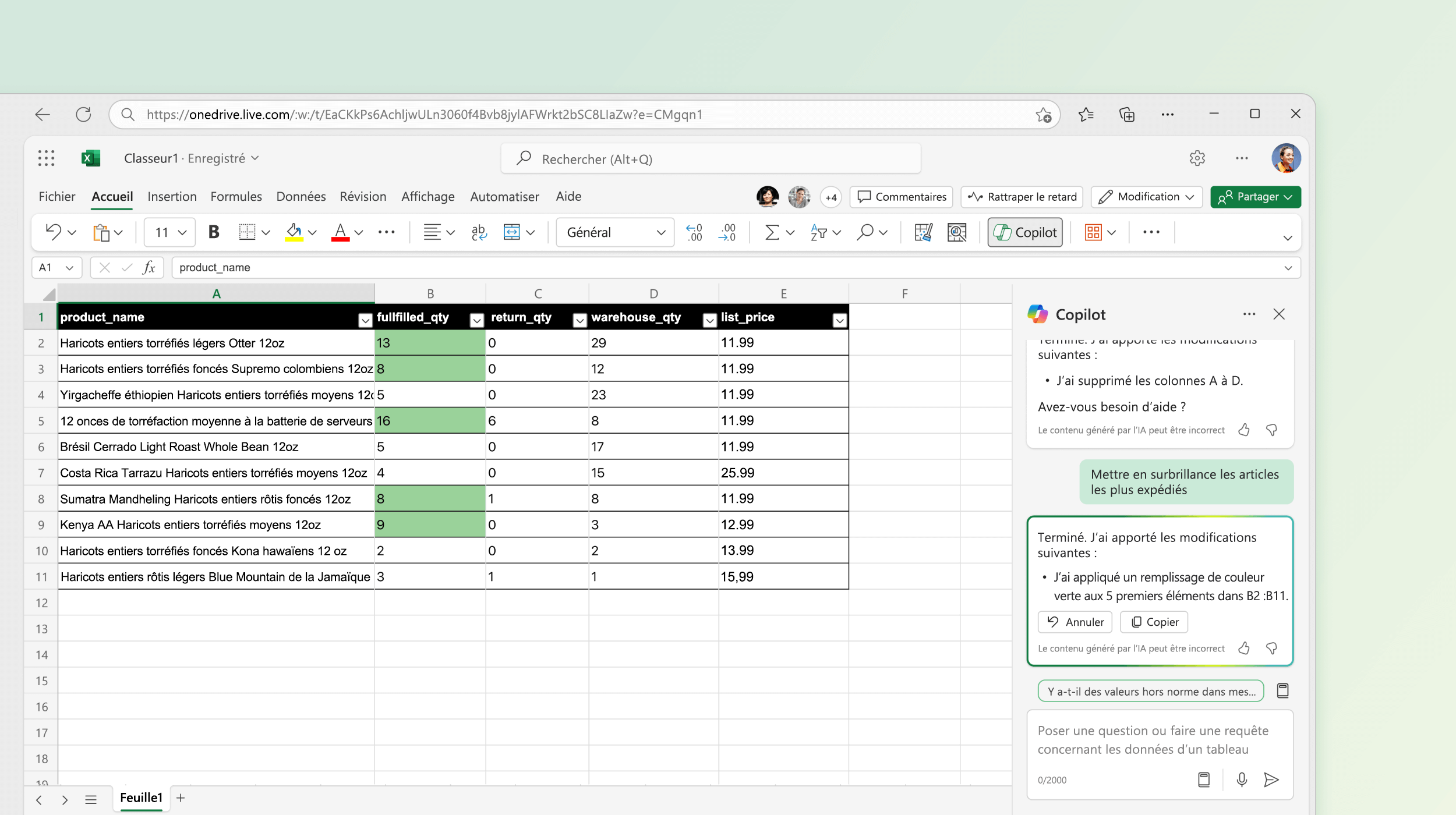 La capture d'écran illustre Copilot dans Excel apportant des modifications aux données existantes.