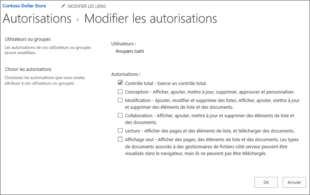 Modifier les niveaux de permisison dans la boîte de dialogue d’autorisations