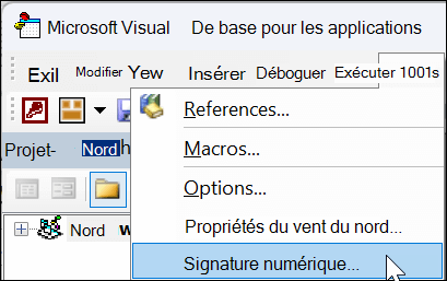 Fenêtre Microsoft Visual Basic pour Applications avec l’option Signature numérique sélectionnée dans un menu déroulant.