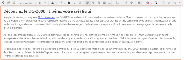 Après - exemple d'utilisation de la fonction de réglage de la tonalité avec copilote dans l'éditeur de texte enrichi SharePoint